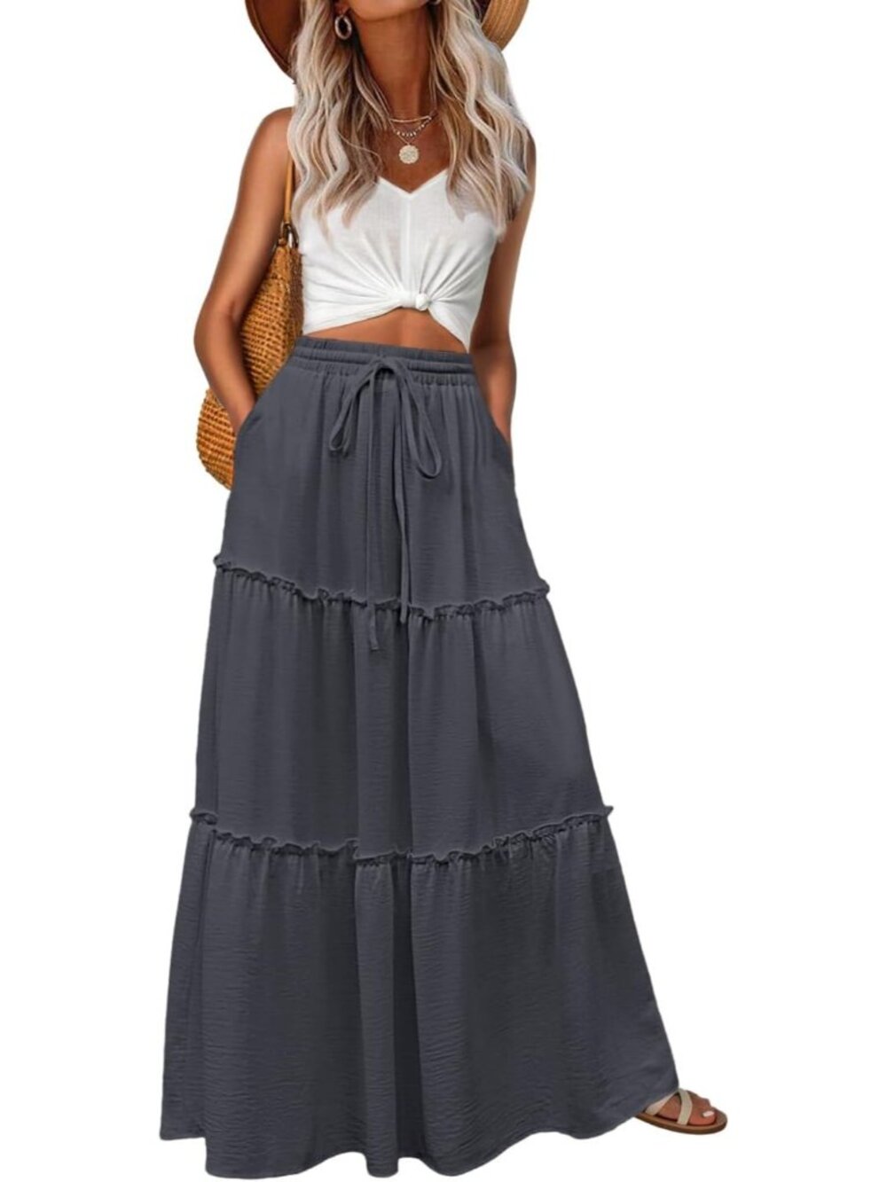 Women's Boho High Waisted A-Grey Maxi Skirts Tiered Floral Long Skirts